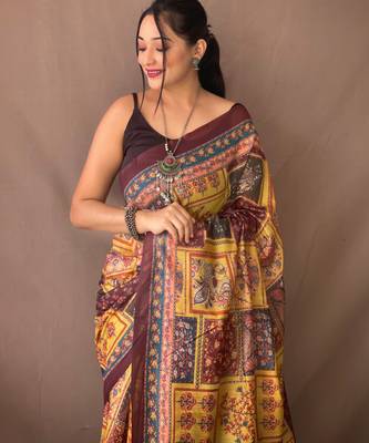 Yellow art silk  woven saree 4