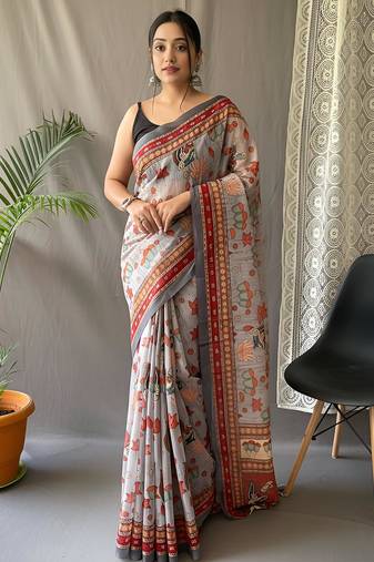Grey art silk  woven saree