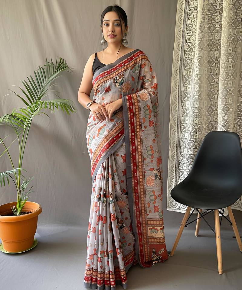 Grey art silk  woven saree