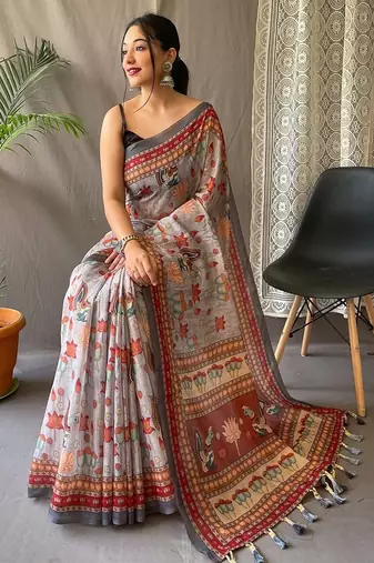 Grey art silk  woven saree