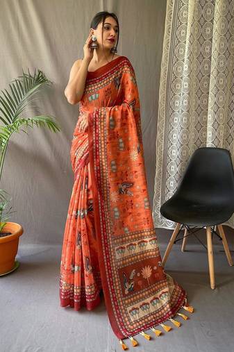 Orange art silk  woven saree