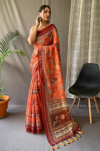 Orange art silk  woven saree