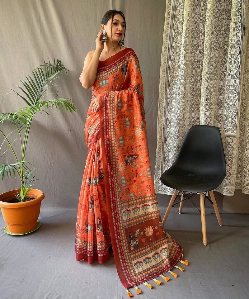 Orange art silk  woven saree