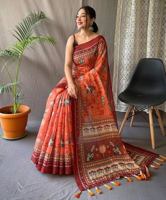 Orange art silk  woven saree 2