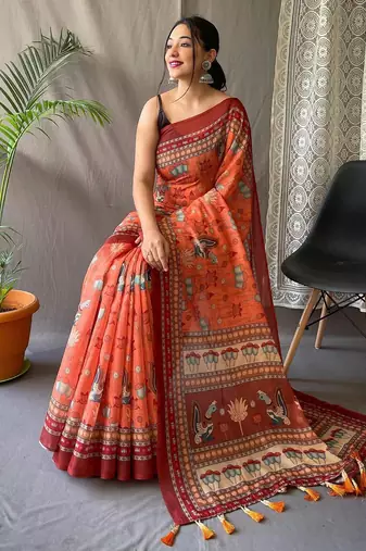 Orange art silk  woven saree