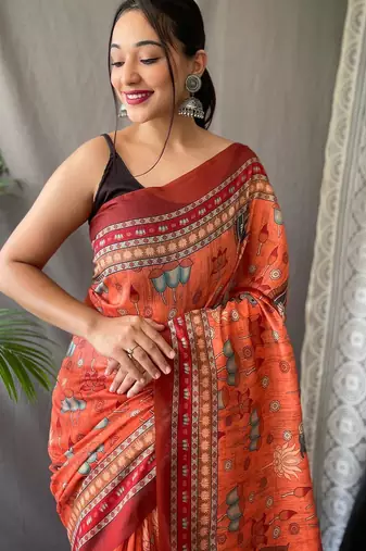 Orange art silk  woven saree