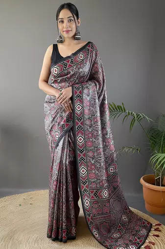Grey art silk  woven saree