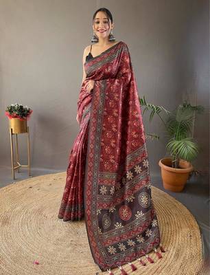 Red art silk  woven saree 1