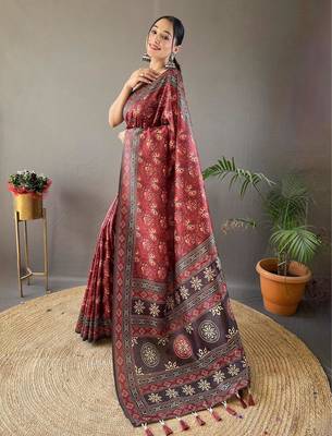 Red art silk  woven saree 2