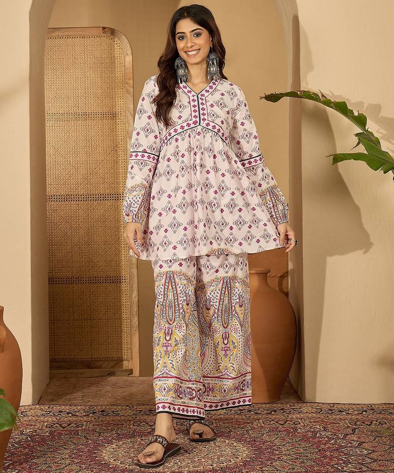 Printed pure cotton top with trousers co-ords