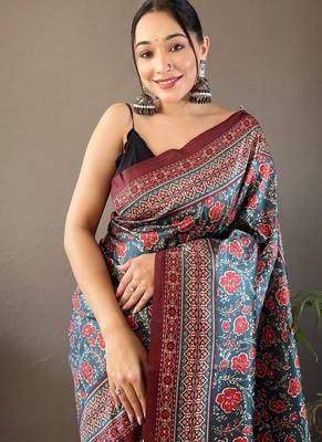 Teal art silk  woven saree 4