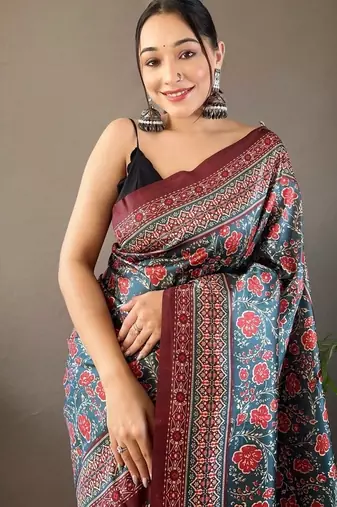 Teal art silk  woven saree