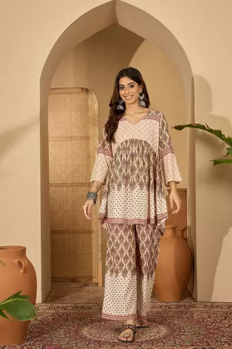 Printed v-neck tunic & trousers co-ords