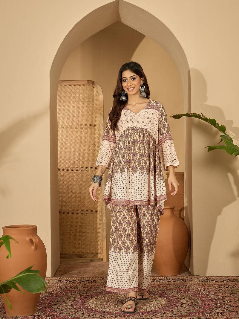 Printed v-neck tunic & trousers co-ords