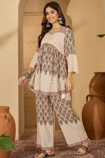 Printed v-neck tunic & trousers co-ords