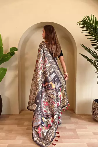 Grey art silk  woven saree