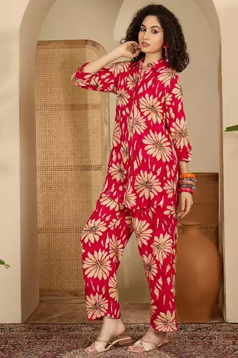 Printed mandarin collar top & trousers co-ords