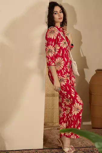 Printed mandarin collar top & trousers co-ords
