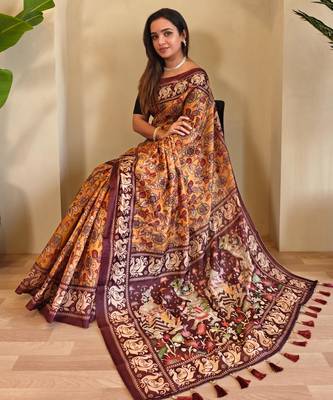 Yellow art silk  woven saree 4