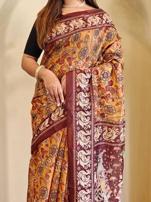 Yellow art silk  woven saree 5