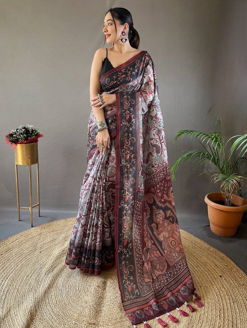 Grey art silk  woven saree