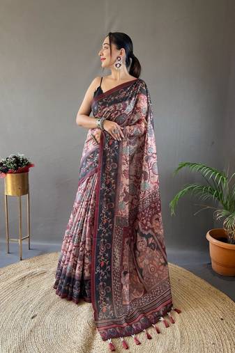 Peach art silk  woven saree