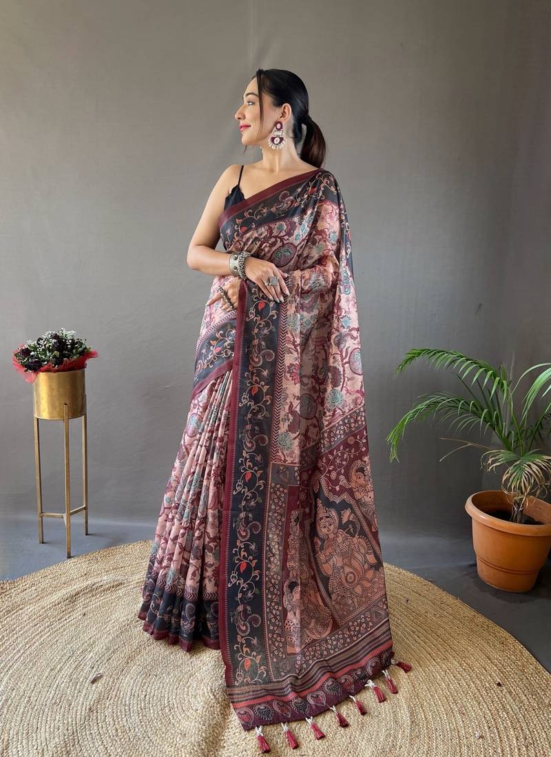 Peach art silk  woven saree