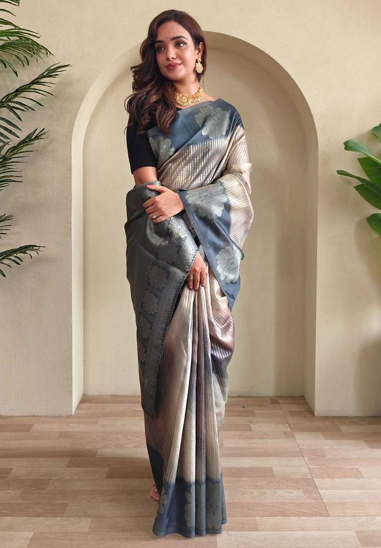 Grey art silk  woven saree