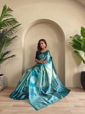 Teal art silk  woven saree 4