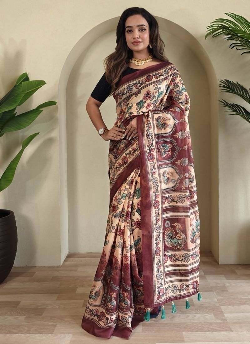 Cream art silk  woven saree