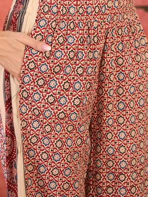 Women red cotton blend top with pant co-ord set 3