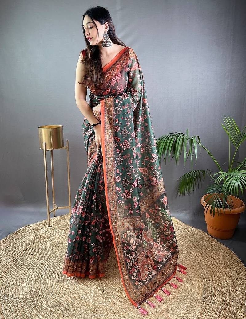 Dark green art silk  woven saree