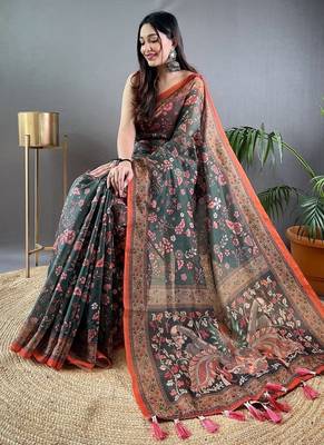 Dark green art silk  woven saree 2