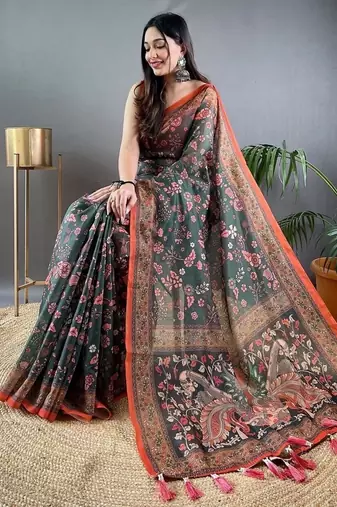 Dark green art silk  woven saree