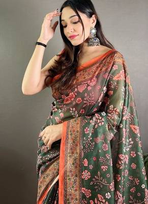 Dark green art silk  woven saree 3
