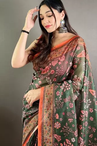 Dark green art silk  woven saree