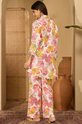 Women white viscose rayon printed co-ords