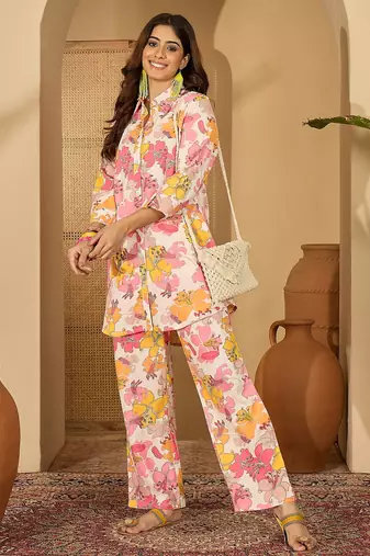 Women white viscose rayon printed co-ords