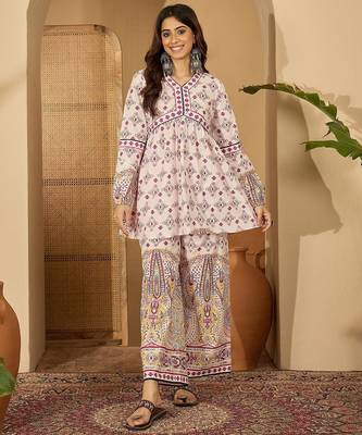 Women white pure cotton printed co-ords 1