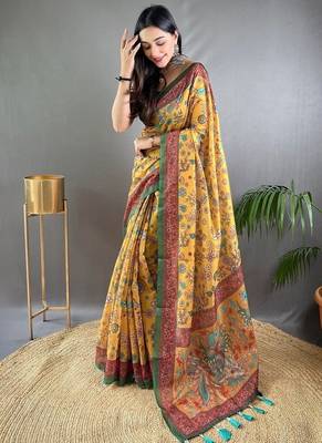 Yellow art silk  woven saree 1