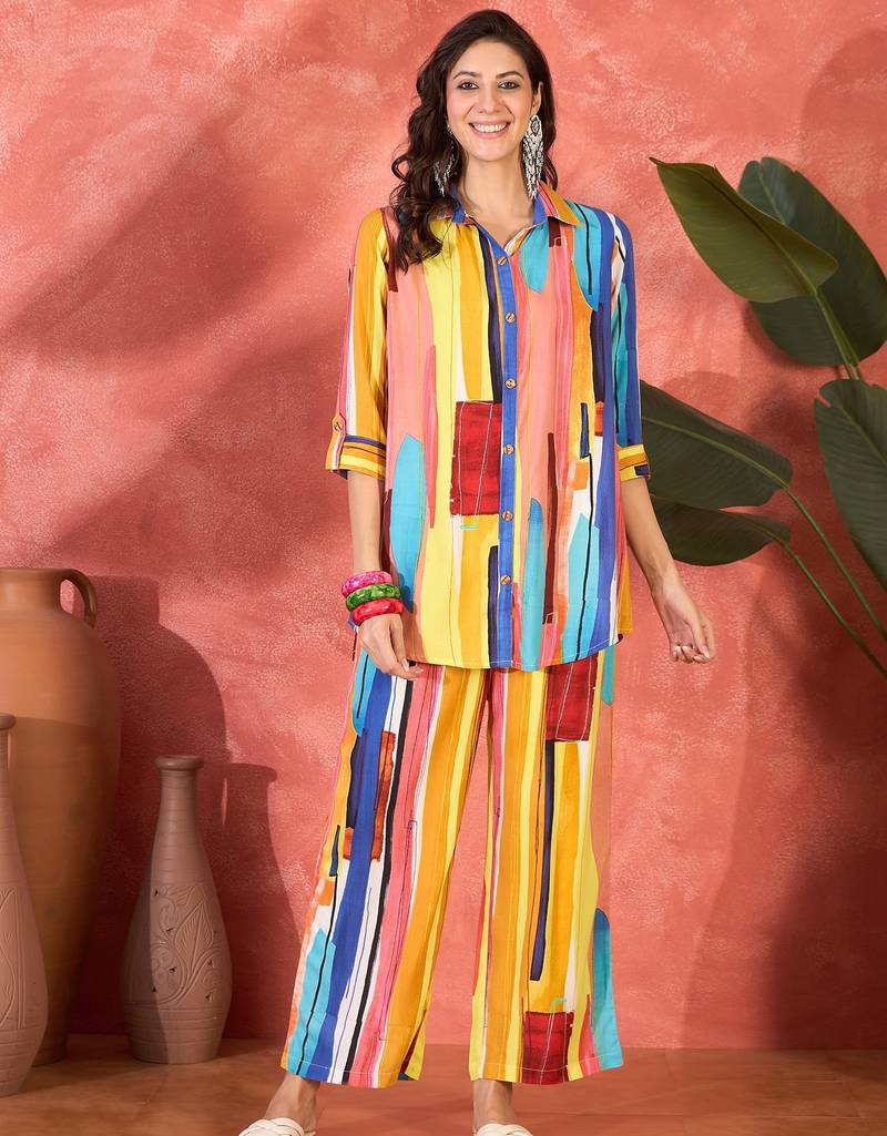 Women multi viscose rayon printed co-ords