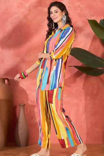Women multi viscose rayon printed co-ords