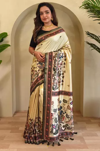 Cream art silk  woven saree