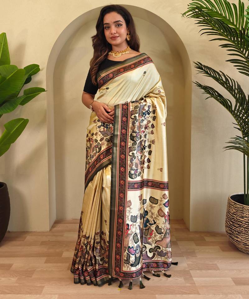 Cream art silk  woven saree