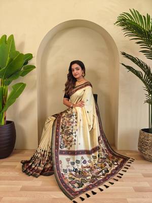 Cream art silk  woven saree 4