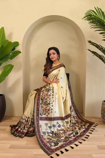 Cream art silk  woven saree