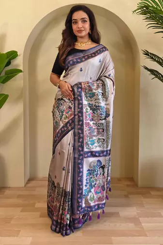 Grey art silk  woven saree