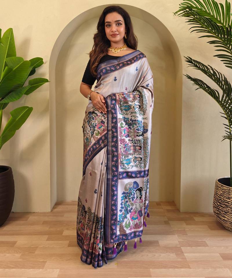 Grey art silk  woven saree
