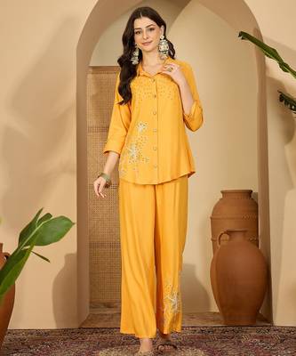 Women yellow embroidered viscose rayon shirt & trousers co-ords 1