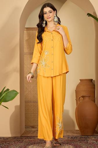 Women yellow embroidered viscose rayon shirt & trousers co-ords